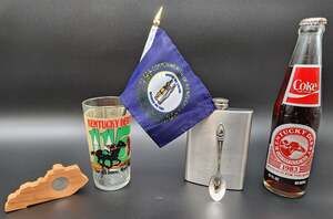 Kentucky Heritage Collectible Set Derby Glass Flag Spoon Flask Coke & Quarter
